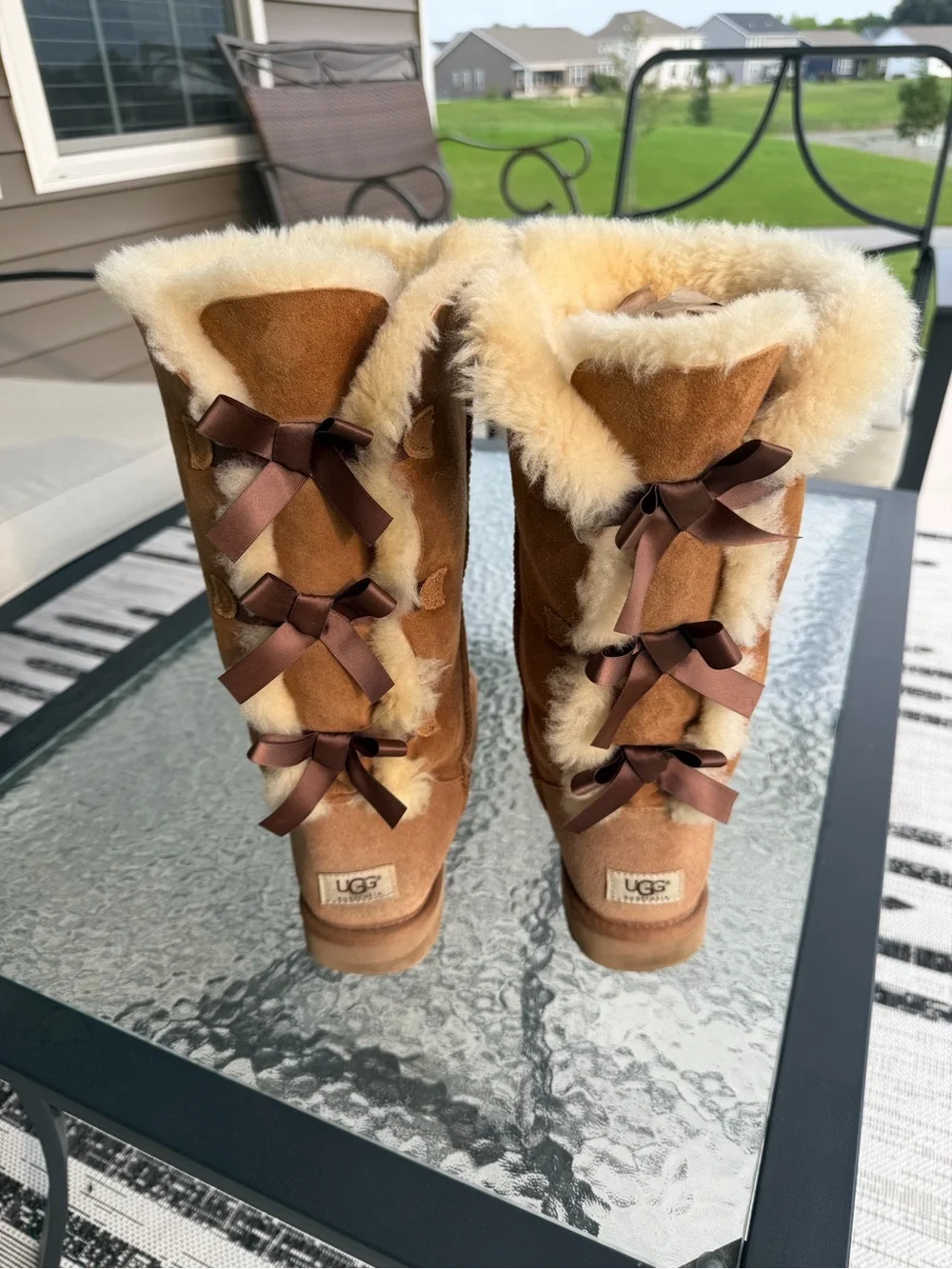 UGG Women's Chestnut Suede Shearling Back-Bow Tall Boots